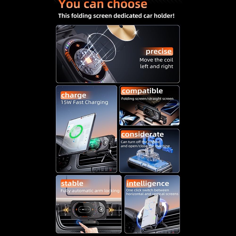 Cargador de coche inalámbrico rápido de 15 W con luz RGB, soporte de ventilación ajustable para Samsung Galaxy Fold and Flip, rotación vertical horizontal de la pantalla
