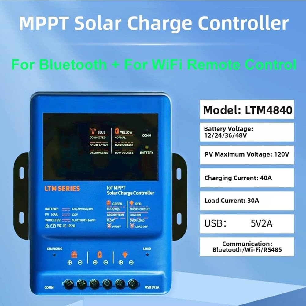 Regolatore di carica solare 12 V 24 V 36 V rilevamento auto (LTM4840) | Efficienza di tracciamento del 99%, 30 A per corrente, 12/24/36 V adattivo, WiFi + per ble 5.2, alloggiamento in ABS