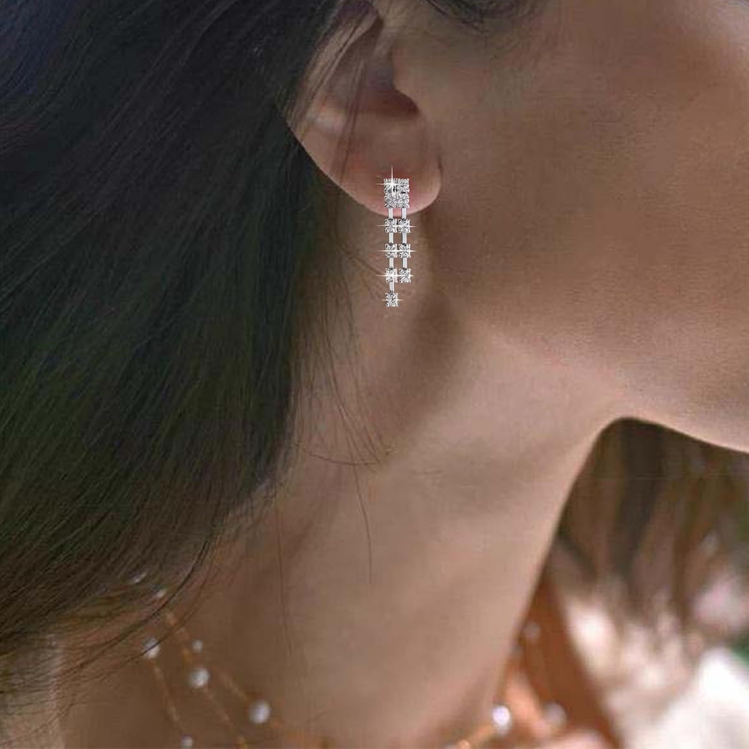 Vintage Crystal Drop Earrings Linear Crystal Chain Earring Silver Chandelier Rhinestone Earring Wedding Chandelier Earrings Jewelry for Women - Image 2