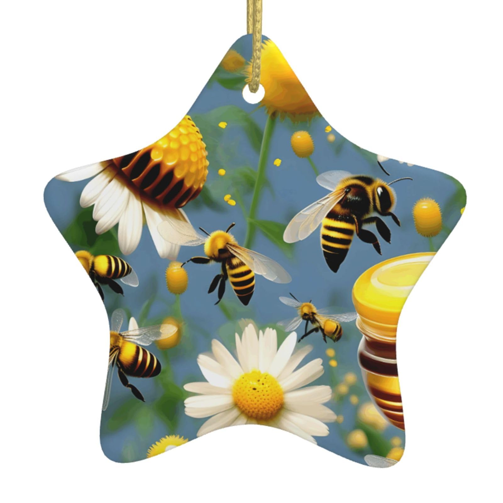 Nbtghga White Flying Bees Daisy Honey Print Christmas Ornaments, Ceramic Hanging Ornament, Round Shape Decorations