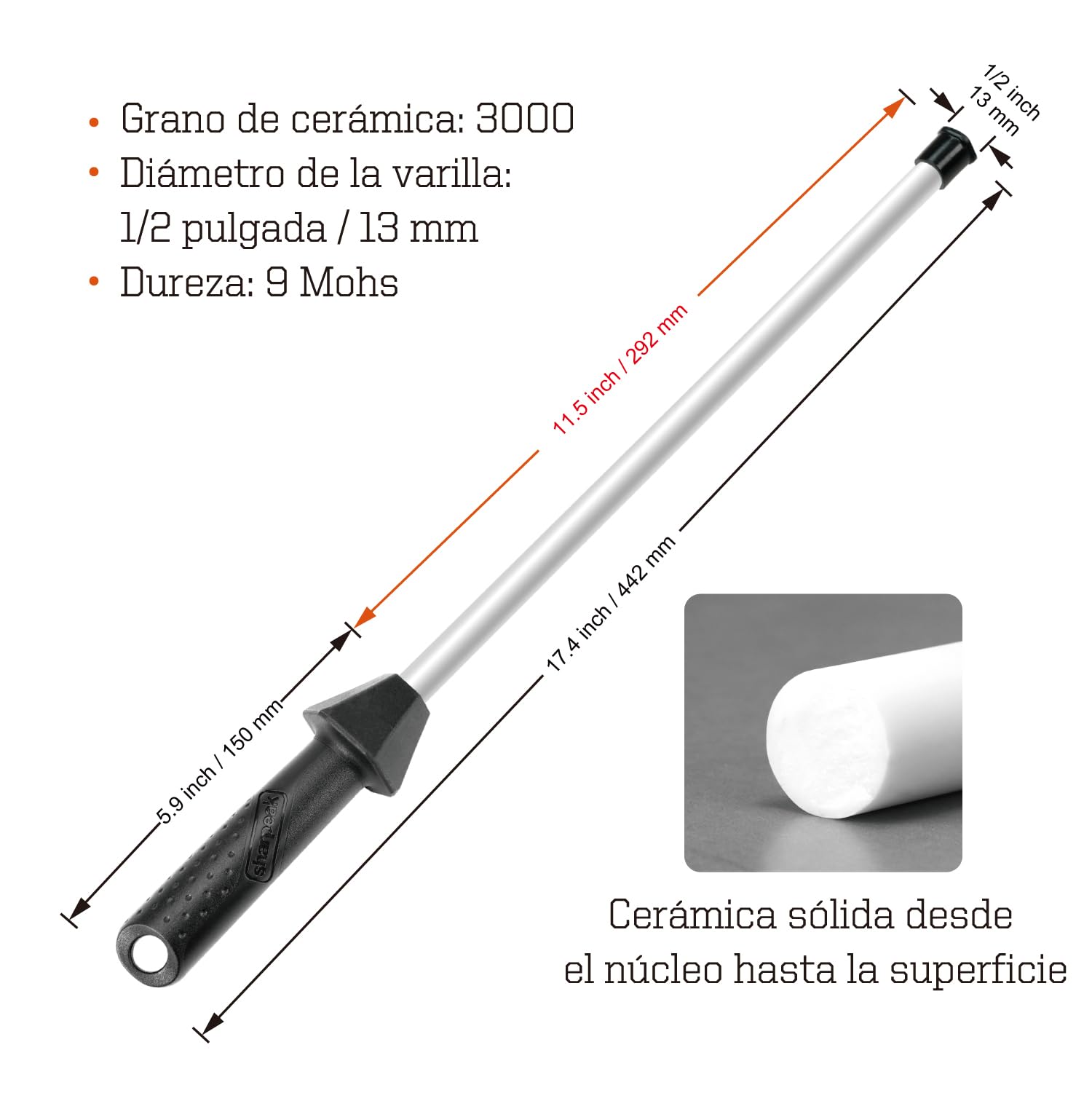 Total 45 cm/Longitud de la barra 30 cm Chaira de cerámica con guías angulares integradas y tapa anti-rotura, afilador de cuchillos de cerámica, varilla de afilado de cerámica