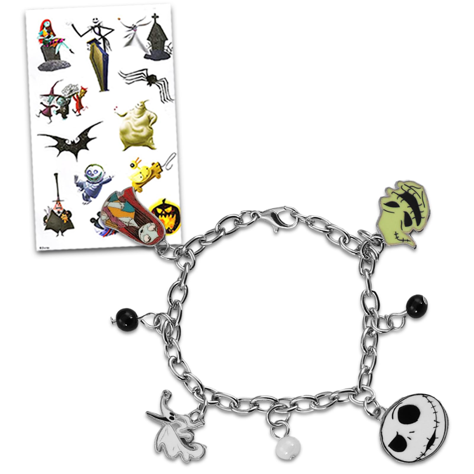 Disney Nightmare Before Christmas Jewelry for Toddler Girls - Nightmare Before Christmas Charm Bracelet with 4 Metal Charms and 3 Beads, Includes Nightmare Before Christmas Stickers | Disney Bracelet