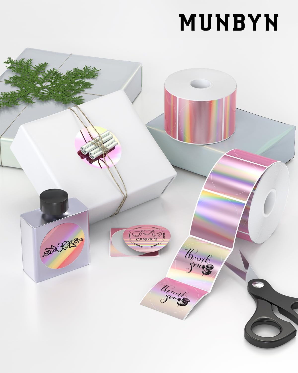 MUNBYN 2" Circle Holographic Thermal Label Stickers Pink, Round Printable Rainbow Glitter Thermal Printer Sticker Labels for Gift Wrapping, Self-Adhesive Name Price Tag DIY Custom Logo Design - Image 7