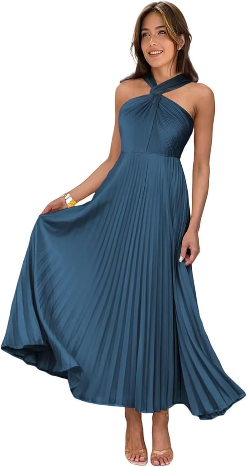 Women's 2026 Halter Bridesmaid Dresses Long Chiffon High Waist Corset with Pockets Ruched Formal Party Dress DR17