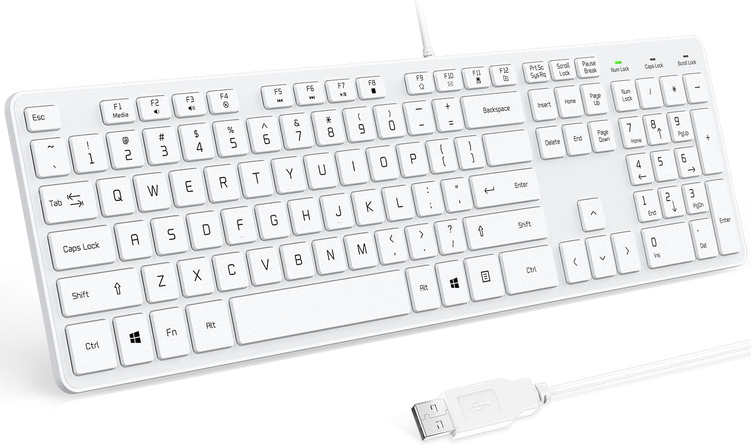 Wired USB Keyboard, Comfortable Quiet Chocolate Keys, Durable Ultra-Slim Computer Keyboard Wired(QWERTY) for PC, Windows 11/10/8/7/XP/Vista KB1430 (White, Wired Keyboard for Windows)