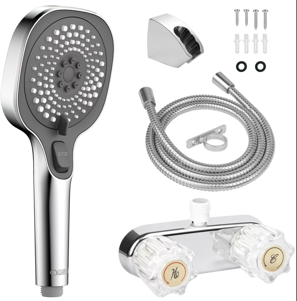 RV Shower Head Replacement Kit with 3-Spray Camper Water Saving Shower Head, Metal Hose, Guide Ring, Shower Head Holder and Facuet for RV, Camper, Van, Travel Trailer, Motorhome, Chrome & Dark Grey