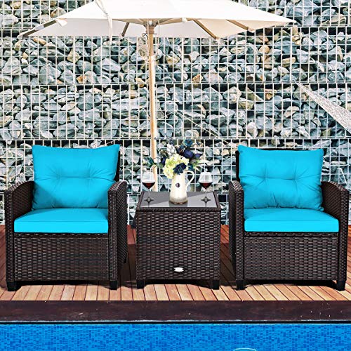 KOTEK 3 Piece Patio Furniture Set, Outdoor Conversation Set with Washable Cushions & Tempered Glass Tabletop, PE Rattan Wicker Bistro Set for Porch, Garden, Balcony (Turquoise) - Image 3