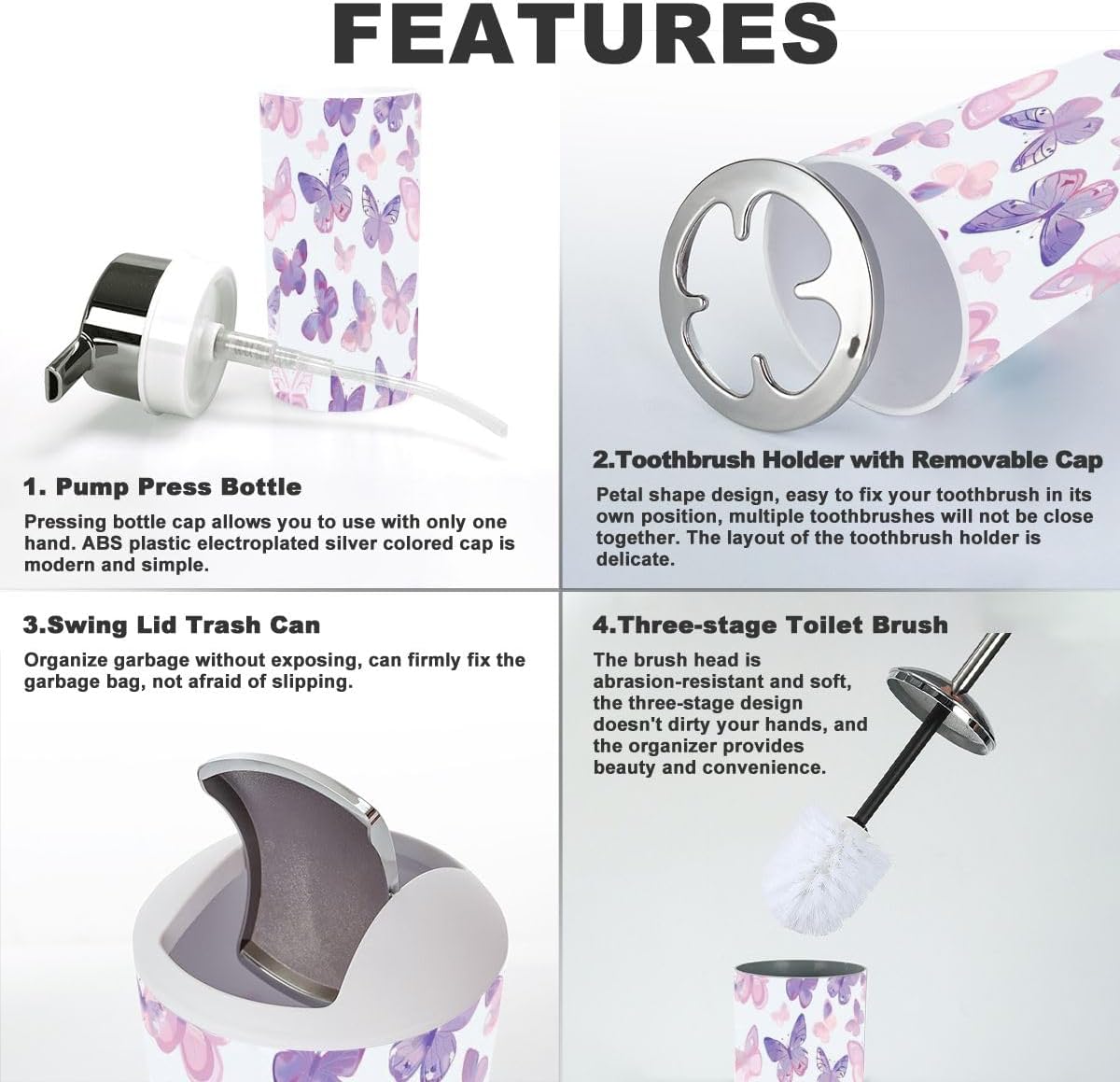 Bathroom Accessory Set 6 Piece Pastel Pink Butterfly Seamless Repeat Cute Butterfly Toothbrush Holder, Toothbrush Cup, Soap Dispenser, Soap Dish, Toilet Brush Holder, Trash can