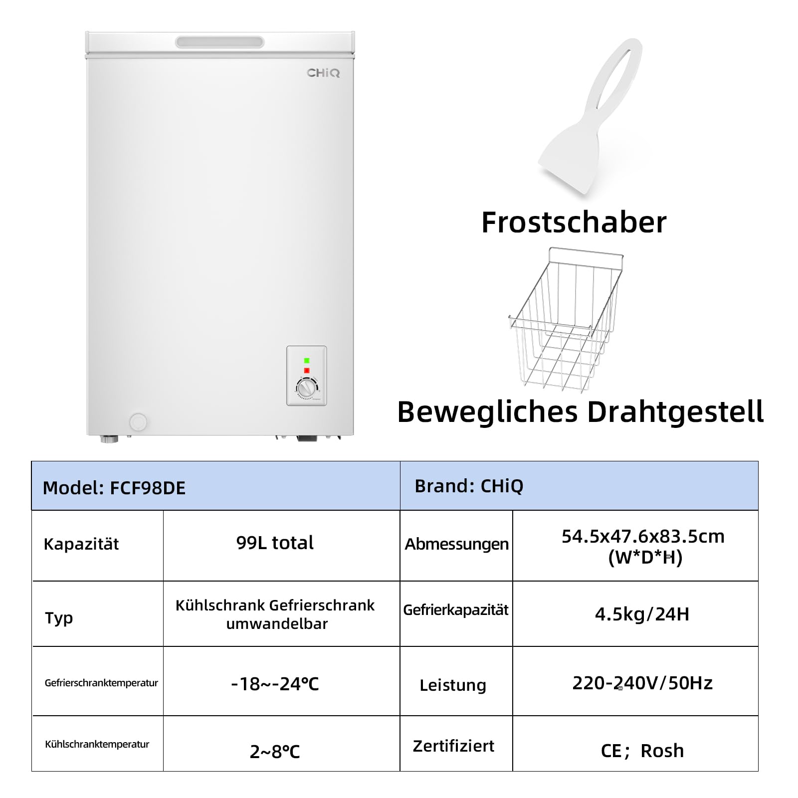 CHiQ Gefriertruhe 99 L Schnelleinfrierfunktion LED 54,5 x 47,6 x 83,5 cm 39 dB 4-Sterne-Gefrieren -24°C Freistehend Weiß