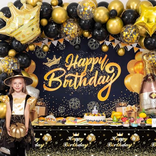 Image of 4 Pcs Black and Gold Party Tablecloths - Gold Black Birthday Decorations Tablecloth Rectangular Table Covers Birthday Table Decorations for Boy Girl, 51 x 86.6 Inch