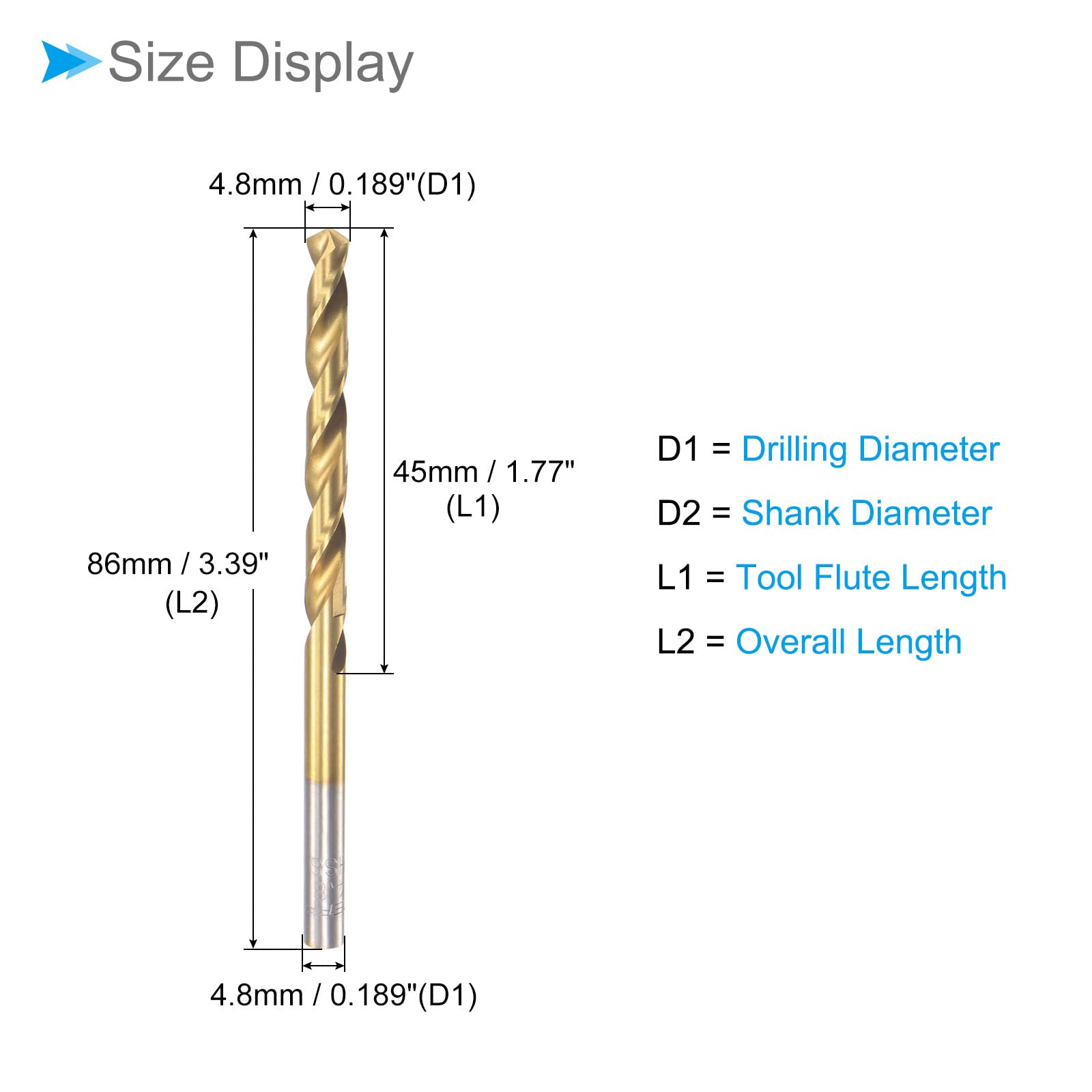 CoCud Twist Drill Bits, 4.8mm Drilling Diameter, Titanium Coated High Speed Steel 6542 Straight Round Shank - Image 2