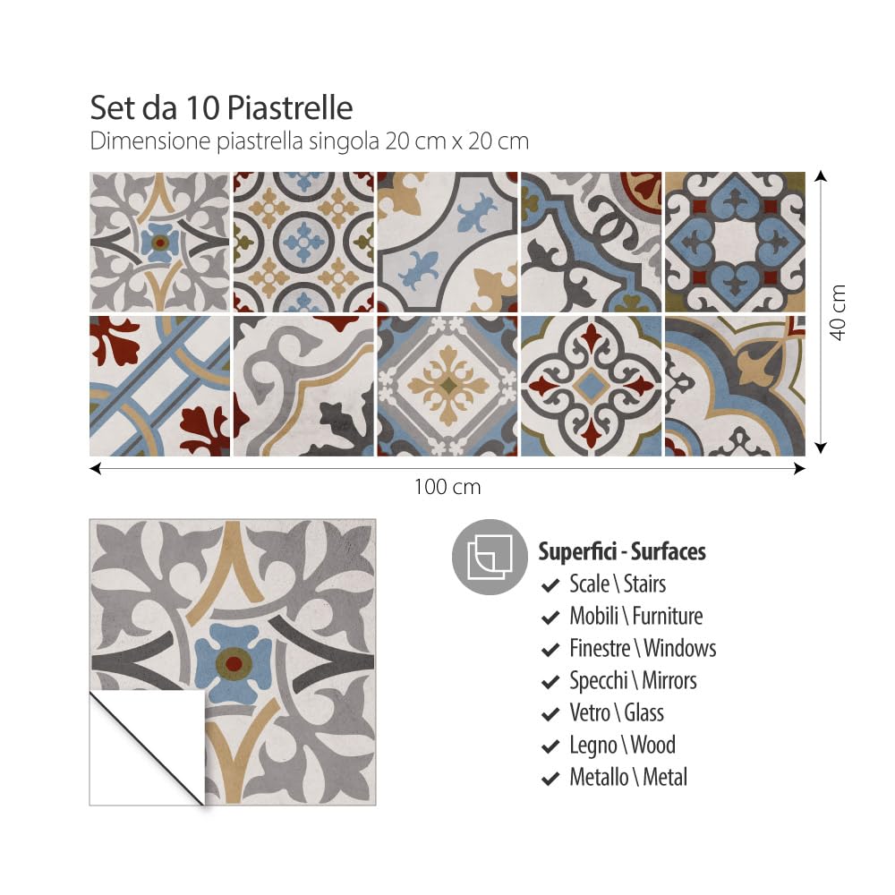 RE-COVERTILES - Adesivi Piastrelle Cucina Bagno Mattonelle adesive in PVC Impermeabili Antigraffio Stickers Decorazione Parete Cementine Peel and Stick - Modello 24 Pz 10x10 cm PS00109 Made in Italy