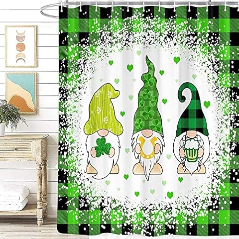 St Patricks Day Gnomes Shower Curtain, Buffalo Check Plaid Shamrock Clover Leaves Bath Curtains Decor, Irish Elf Design Green White Farmhouse Bathroom Curtains, 69x70 Inches Cover