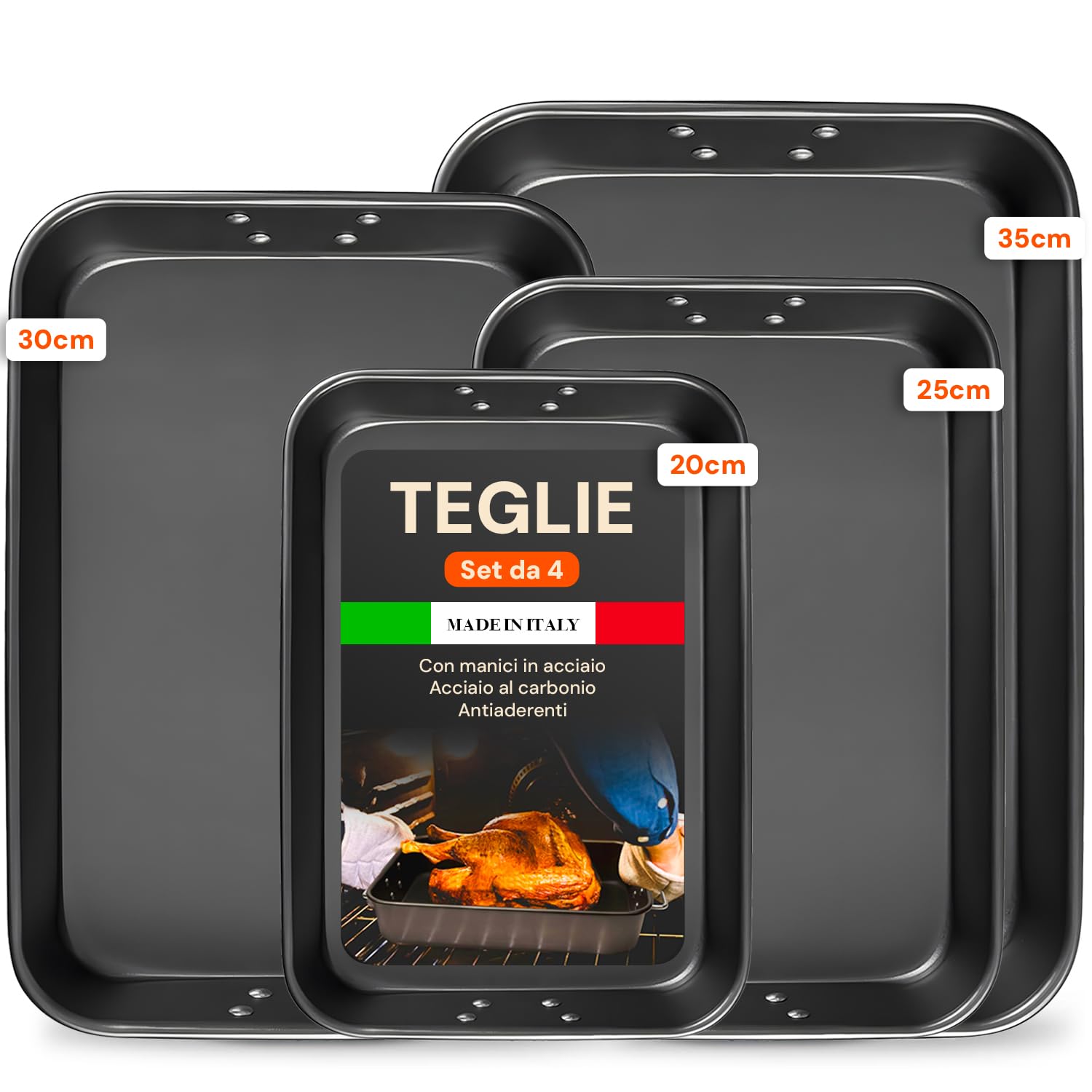 Avilia Set 4 Teglie Antiaderenti in Acciaio al Carbonio 20-25 - 30-35 - Cottura Uniforme Senza Grassi per Pizze e Torte | Made in Italy, Facili da Pulire, Ideali per Famiglie
