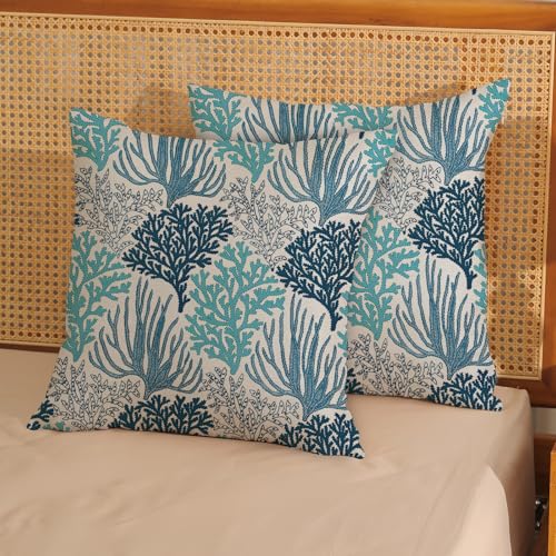 DAFENA Coastal Pillow Covers 16x16 Inch 2 Pcs Blue Teal Turquoise Coral Summer Outdoor Decor Throw Pillows Nautical Sea Ocean Themed Holiday Decoration Pillowcase Linen Cushion Cover for Couch Sofa — view 2