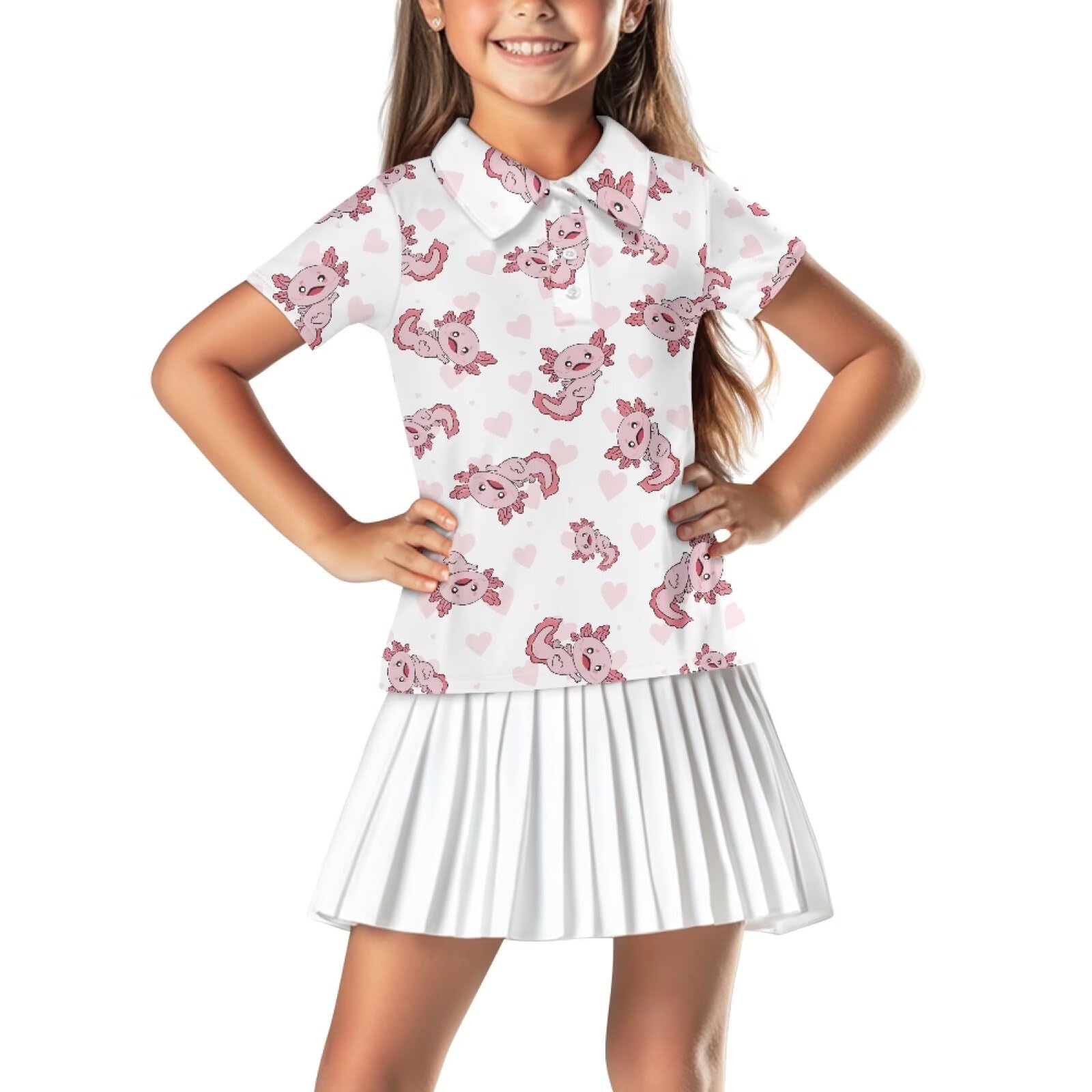 Gzzxiailg Pink Axolotl Girls and Boys Golf Polo Shirts Moisture Wicking Golf Shirts Performance Sport Polo Shirts with Button Sun Protection Golf Tennis T-Shirts