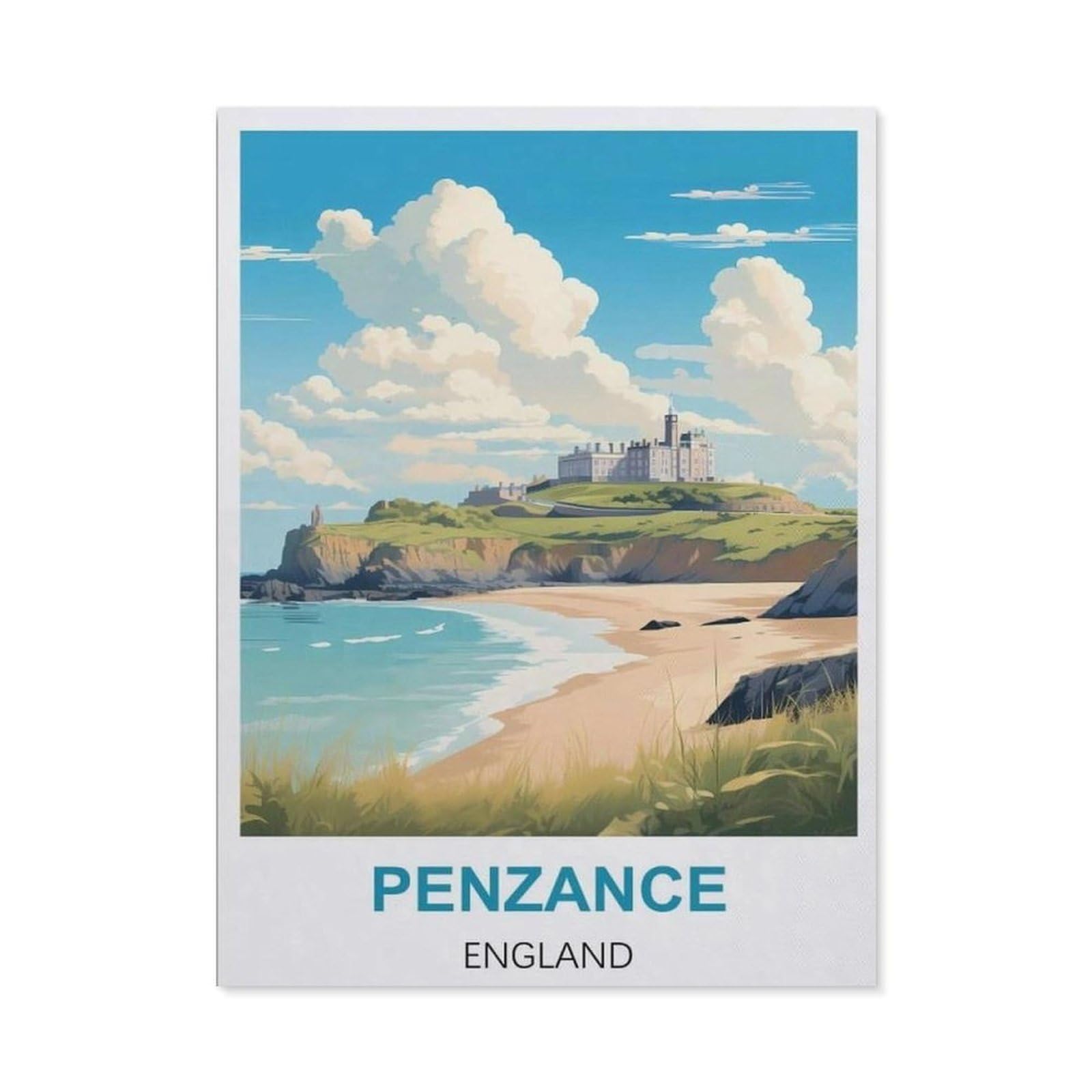 BEAYODKP Penzance England Vintage Travel Posters，5D DIY Diamond Painting Full Round Drill Diamond Embroidery Cross Stitch Rhinestone Mosaic Paintings Art（30 x 40 cm/11.81 x 15.74 inches）-CB42
