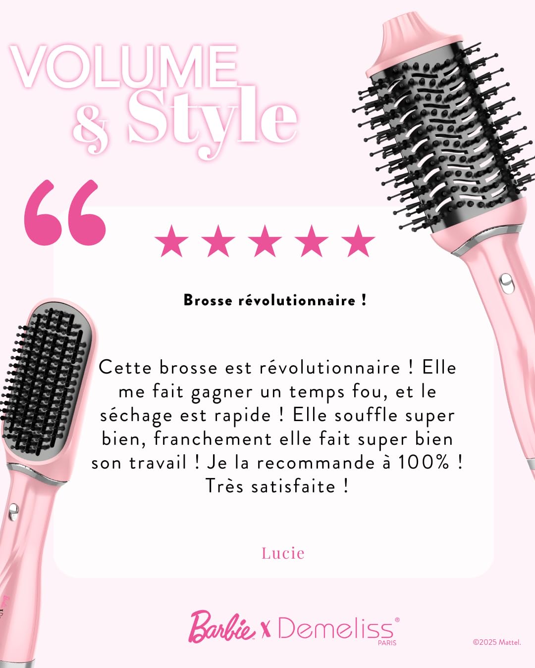 Demeliss VOLUME & STYLE Brosse Soufflante 2 en 1 Barbie™ – Sèche, Coiffe Tous Types Cheveux – 2 Têtes Interchangeables – Revêtement Céramique – 3 Températures – Brushing Volume Professionnel