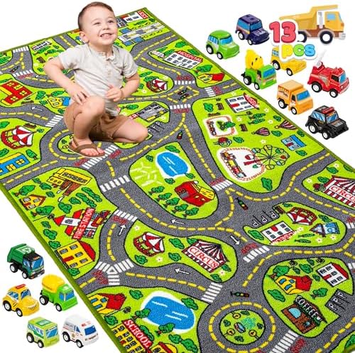 JOYIN Teppich Kinderzimmer 80x150cm mit 12 Mini Auto Spielzeug für Kinder, Spielteppich Straße Kinderteppich, Autoteppich Junge Mädchen für Schlafzimmer & Spielzimme
