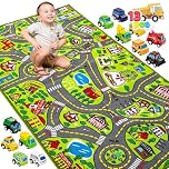 JOYIN Kids Toy Rug Gift Set-City Play Mat with Road Tracks & 12 Vehicles, Educational Carpet for Boys Girls Ages 3-7, City Imaginative Play, Durable Playroom Toy Mat for Kids, 148x80cm
