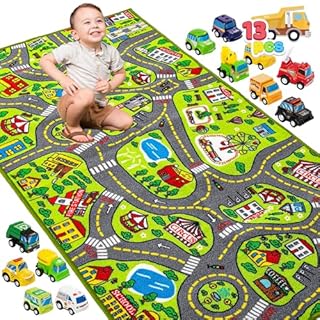JOYIN Kids Toy Rug Gift Set-City Playmat with Road Tracks & 12 Vehicles,Educational Carpet for Boys Girls,City Pretend Play,Durable Playroom Toy Mat for Kids,148x80cm