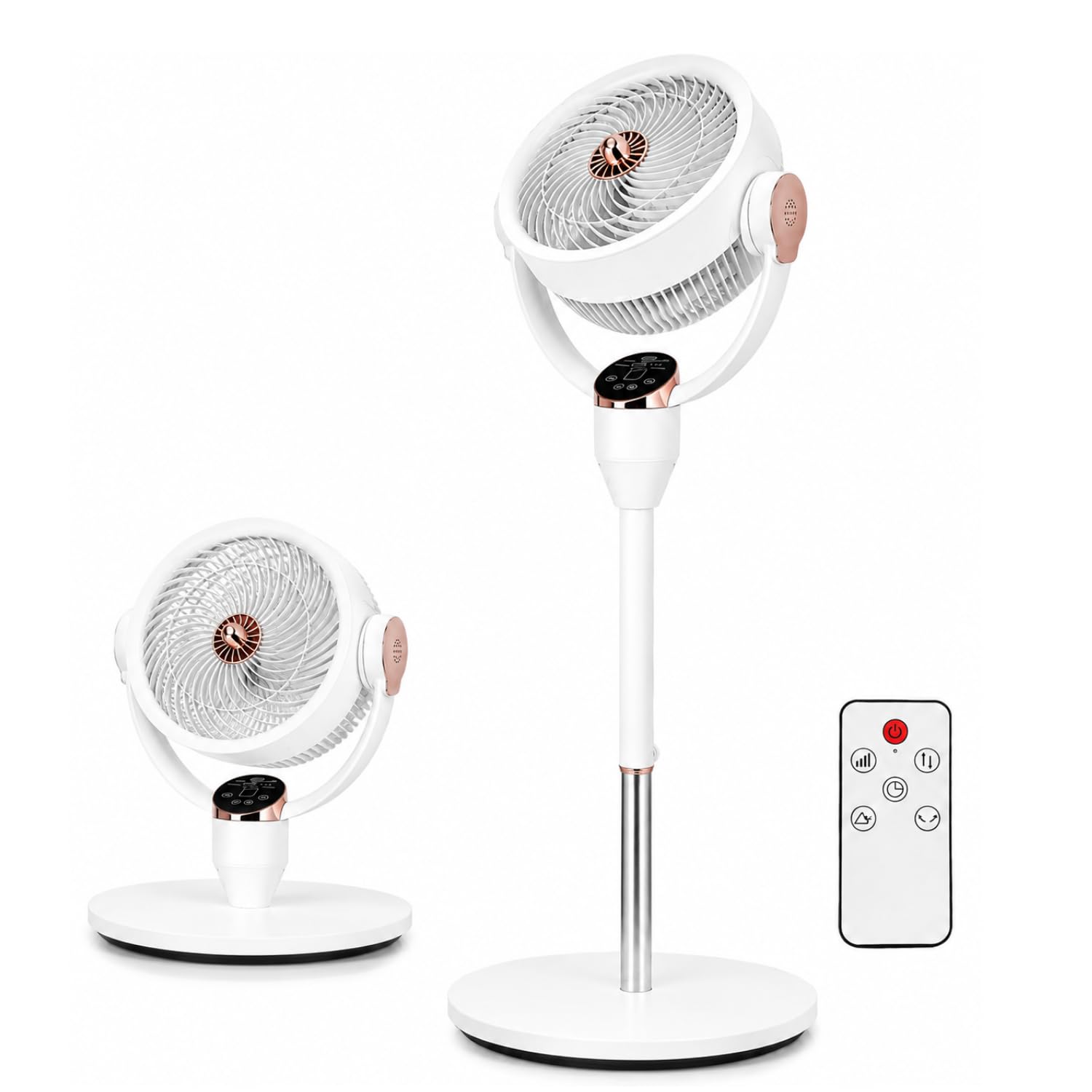 Ventilatore a Piantana Silenzioso 23 dB con Motore DC, Circolatore d'Aria 3D Oscillante, 6 Velocità, Telecomando, Controllo Vocale Smart, Timer, Altezza Regolabile, 2 in 1 per Casa e Ufficio