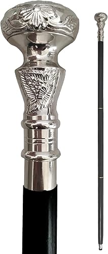 Bastón vintage de madera con mango de latón plateado, palo de madera negra, bastón victoriano, bastón elegante para hombres y mujeres, bastón de