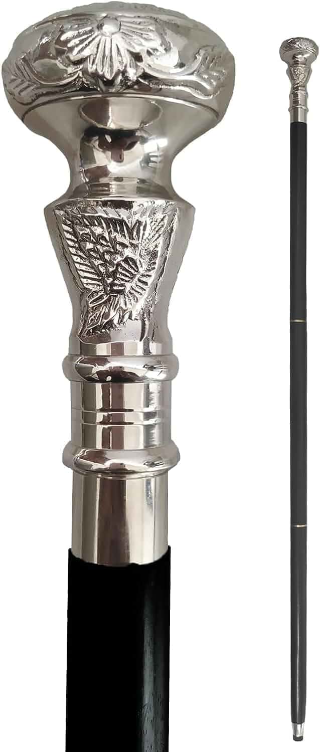Vintage Walking Cane Wooden Walking Stick Silver Brass Handle knob Black Wood Stick - Victorian Cane - Fancy Cane for Men and Women- Dark Shadow Cane