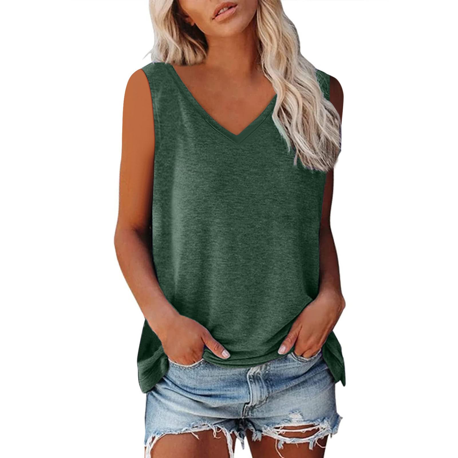 NUSGEAR Camisetas sin Manga Mujer 2024 Verano Moda Color sólido Camisola Elegant Camisola Casual Camisetas de Tirantes Cuello en V Fiesta Playa Chaleco Tank Tops Suelto Basic tee Camisa