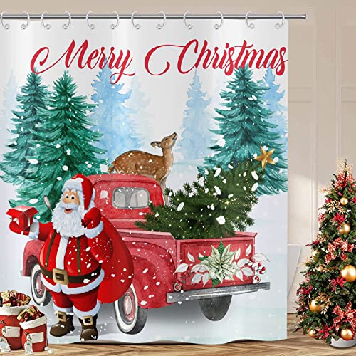 ASDCXZ Weihnachten Duschvorhang 180x200 cm, Rot LKW Weihnachtsmann Weihnachtsbaum Hirsch Schnee Bad Waschbar Duschvorhänge Polyester Textil Wasserdicht Duschvorhang für Badewanne mit 12 Haken