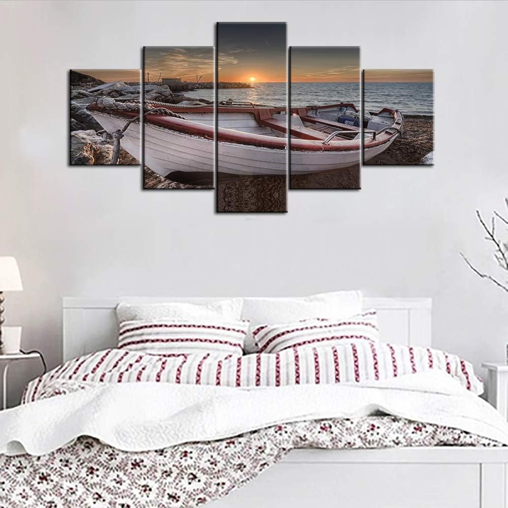 5 Piece Canvas Wall Art For Living Room- Turquoise Red Fishing Boat at Sunrise on Bournemouth Beach with Pier in Far Distance - Modern Home Decor Stretched and Framed Ready to Hang - 60"W x 32"H 60"W x 32"H Artwork-04