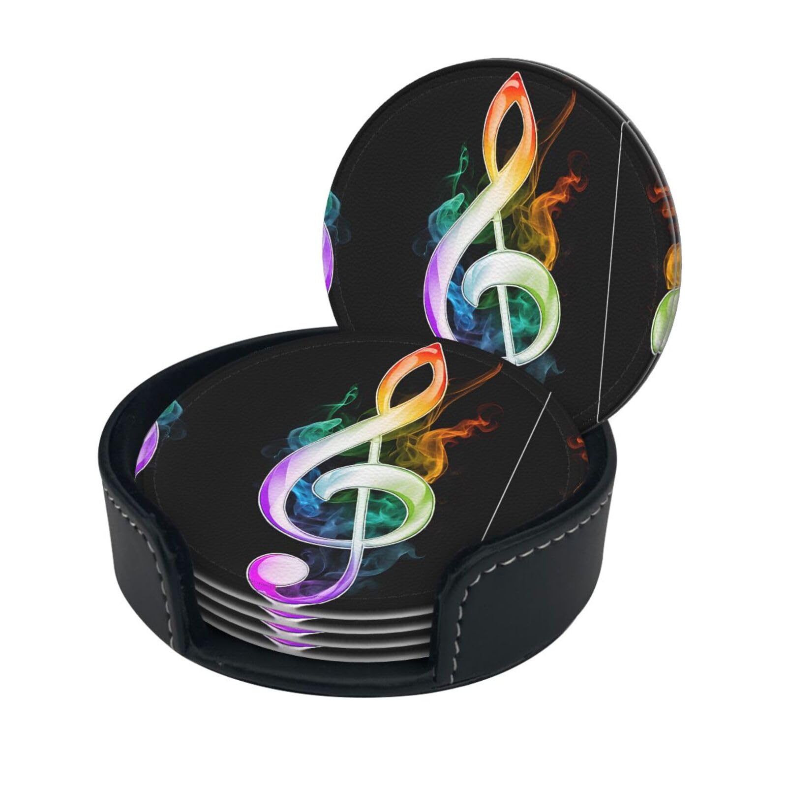 Colorful Music Notes Print Coaster,Round Leather Coasters with Storage Box for Wine Mugs,Cold Drinks and Cups Tabletop Protection (6 Piece)