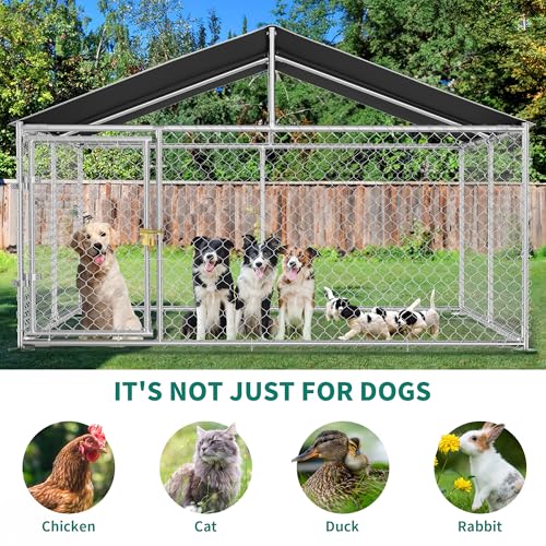 Image of YITAHOME 10'x10' Outdoor Dog Enclosure with Metal Dog Gate | Dog Kennel Outside with Roof, Dog Fence Outdoor for Yard