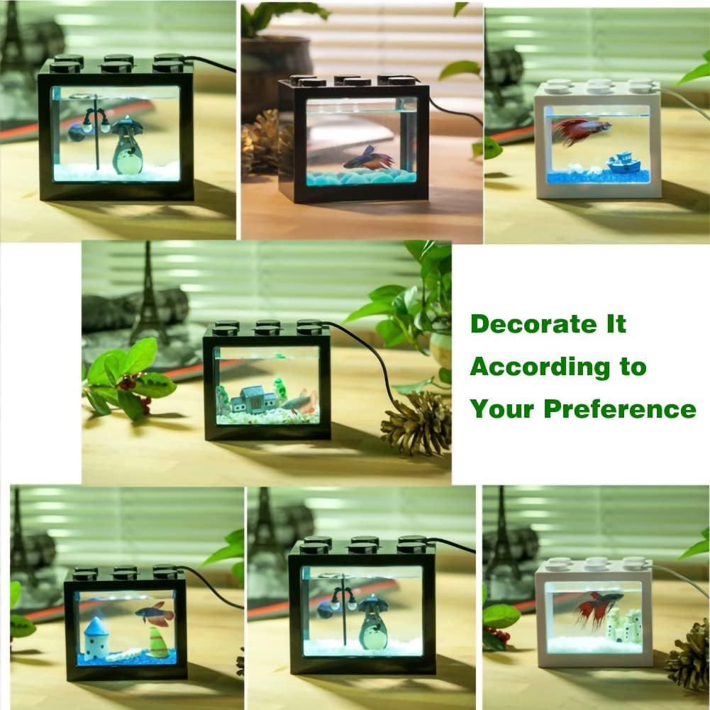 Qcwwy Mini Pecera Acrílica, Kits de Iniciación para Acuarios Mini Pecera Acuario Cubo Apilable Tanque Escritorio Mini Acuario Tanque Tazón con Luz LED USB(Negro)