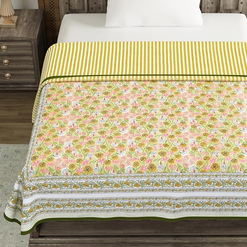 Image of BLOCKS OF INDIA Hand Block Printed Cotton Single Size Reversible Malmal Dohar for Summer (Green GAD BUTI)