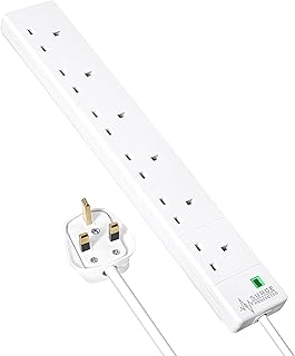 6 Gang Surge Protected Extension Lead 2m Plug Extension Power Strip - 6 Plug Socket Power Extension Cord 2 Meter - 6 Way Mains Electric Power Surge Protection Cable Multi Plug UK