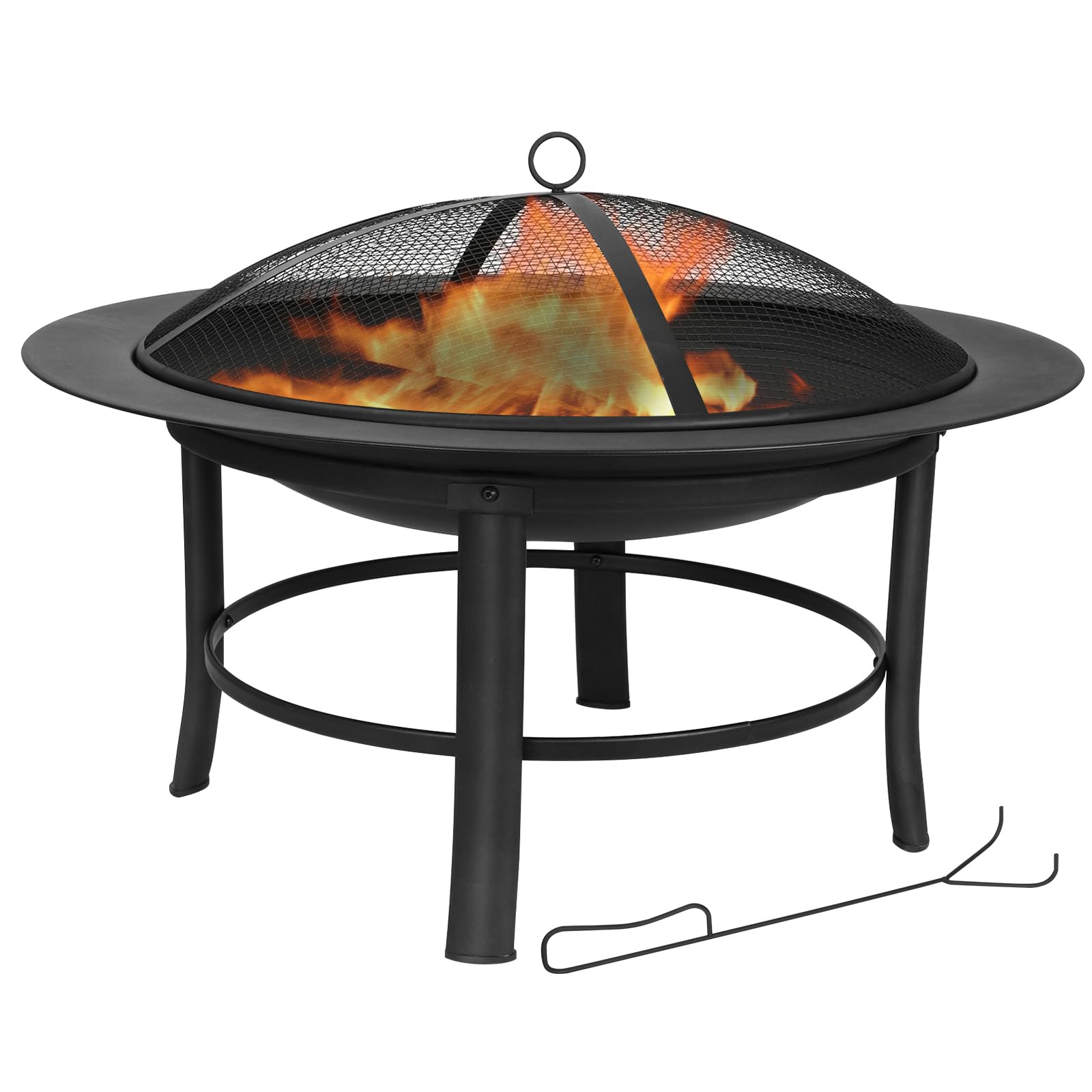 Outdoor Fire Pit, 28 Inch Large Bonfire Wood Burning Outside Fire Pit for Patio and Backyard with Spark Screen, Fireplace Cover and Poker, Black