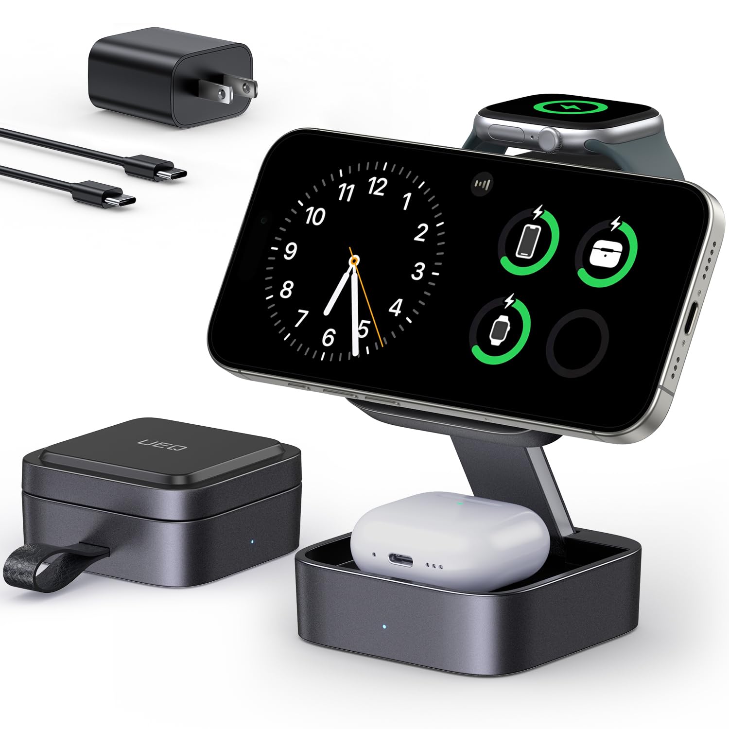 UEQ 3 in 1 Wireless Charging Station for Apple Devices,Compatible with MagSafe Charger Stand,Foldable Fast Travel Magnetic Wireless Charger for iPhone 17 Air 16 15 14 13 12,Apple Watch&AirPods Pro