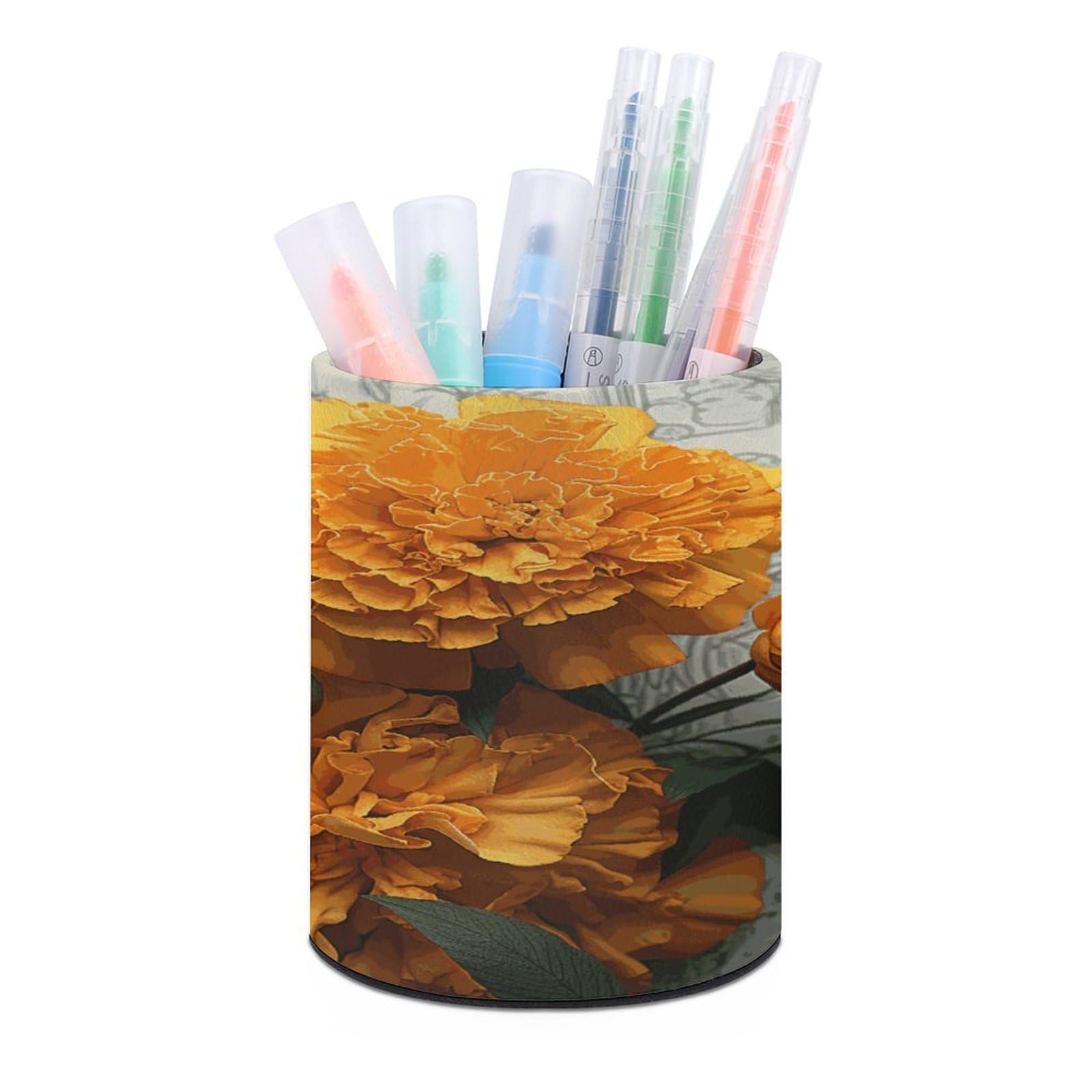 LDGSUPH Marigold Round Pen Holder Leather Pen Cup Pencil Cup Pen Organizer Pencil Holder for Desk Organizer Pencil Organizers Makeup Brush Holders for Home Office Gift