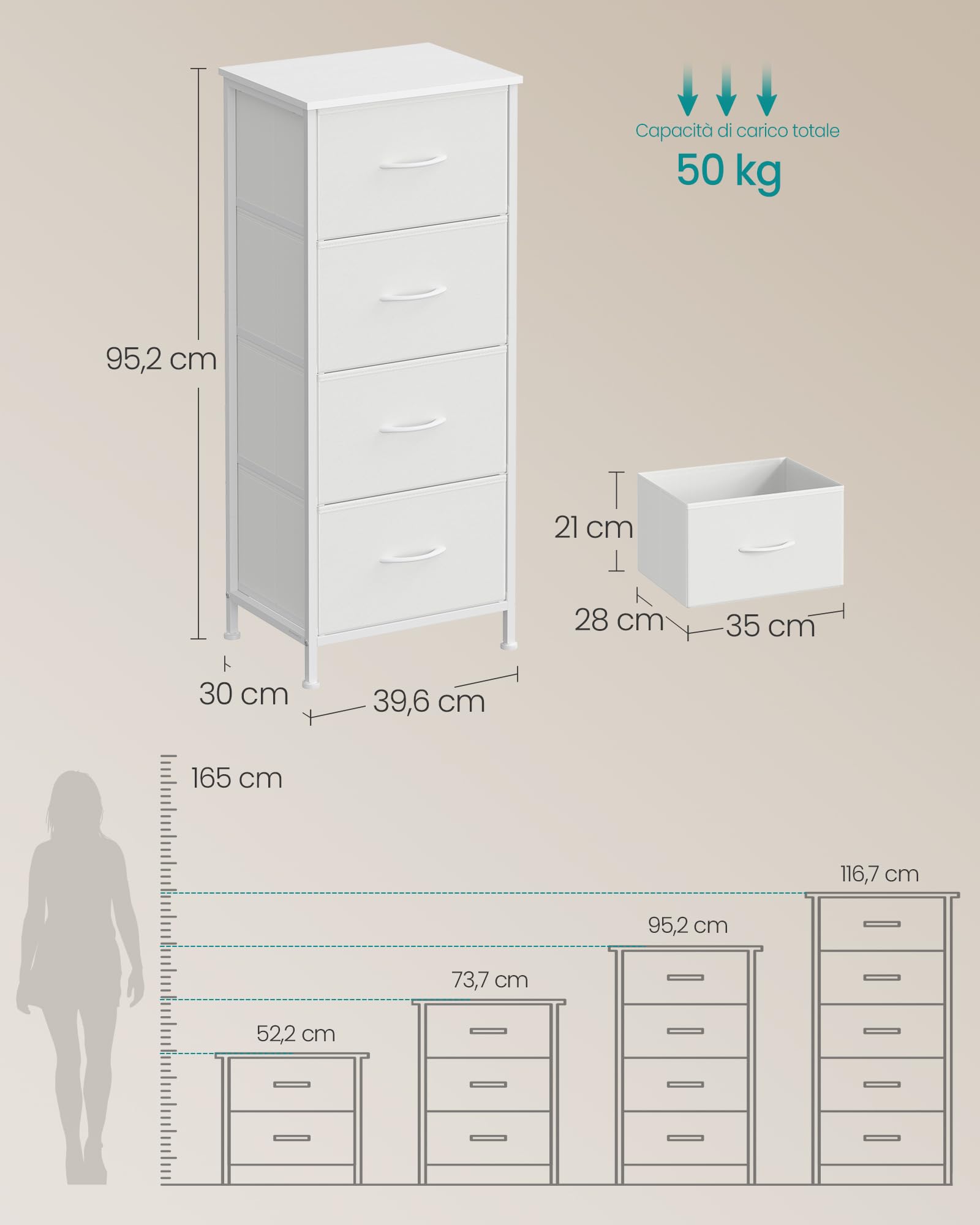 SONGMICS BELLAH Collezione - Cassettiera con 4 Cassetti in Tessuto, Acciaio, MDF, Tessuto Non Tessuto, per Camera da Letto, Armadio, Corridoio e Soggiorno, Bianco Nuvola e Bianco Neve LGS314WH01