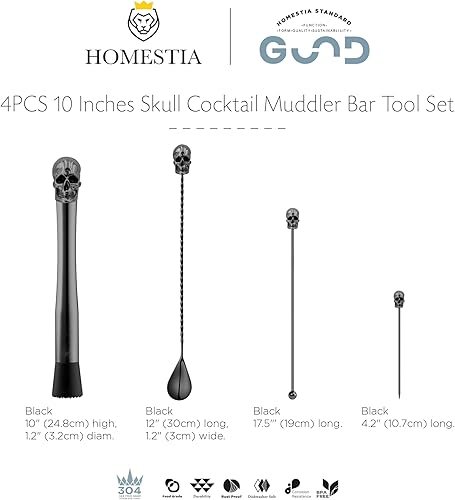 Miniatura 9 de Homestia Juego de 4 muddler de calavera, de acero inoxidable 304 de 10 pulgadas, para mojito y bebidas de frutas, juego de herramientas de bar para