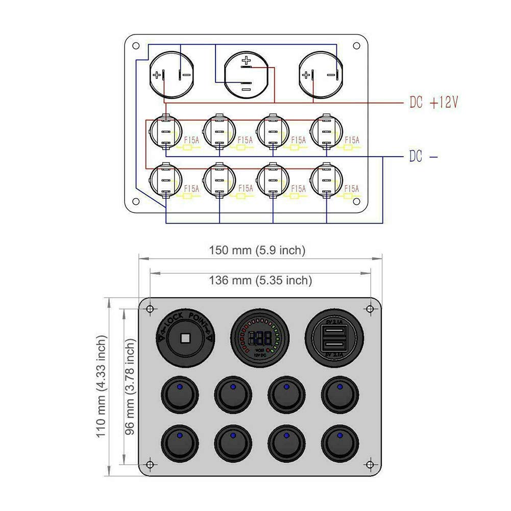 Pannello Interruttori 8 Gang con 2 USB e Voltmetro Controllo LED Rocker IP68 Impermeabile 12V / 24V per Auto, Barca e Marina