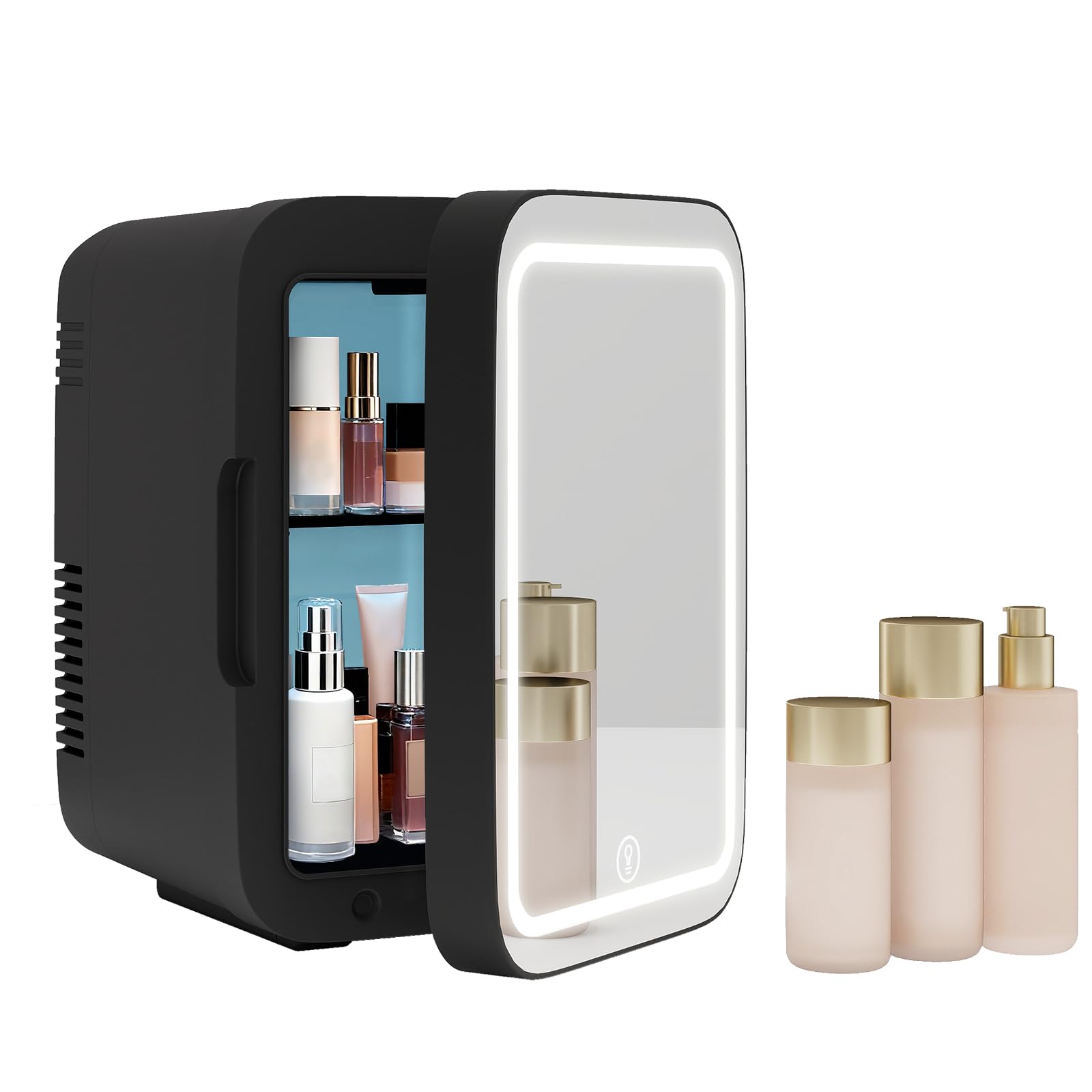 eklipt - Mini Fridge with Dimmable LED Mirror (4 Liter/6 Can), AC/DC Portable Beauty Fridge, for Refrigerating Makeup, Skincare and Food, Bedroom, Office and Car, White — view 9