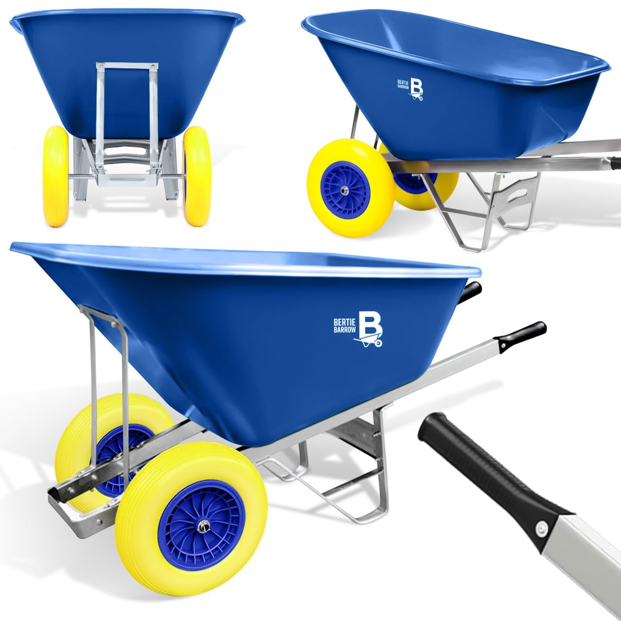 Wilcox Equimed Blue Equimed Garden Wheelbarrow - Extra Large Trolley With 200L Plastic Bucket, Puncture-Proof Pu Wheels, Galvanised Frame (Blue/Yellow)