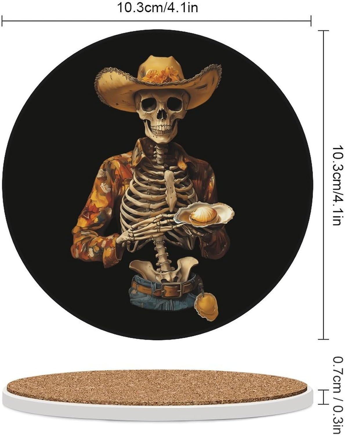 Skeleton Holding Oyster Funny Round Ceramic Coasters for Drink Absorbent Cup Holders Tabletop Protection