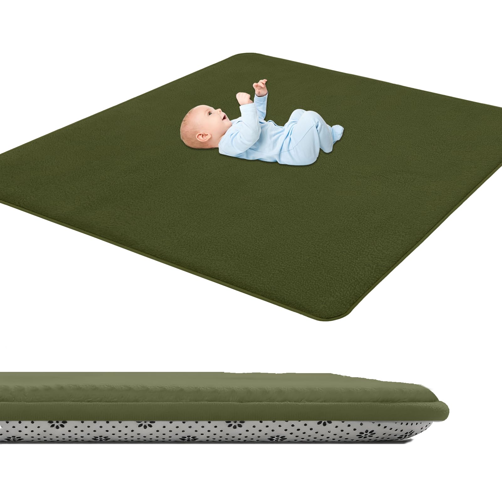 GmyoieqI Baby Crawling Mat 3 cm Thick, Children's play Mat Large Non-Slip 80 x 120 cm Low Pile Nursery Rugs & Carpets for Children's Room Living Room Bedroom Yoga Mat Tatami Playroom Army Green