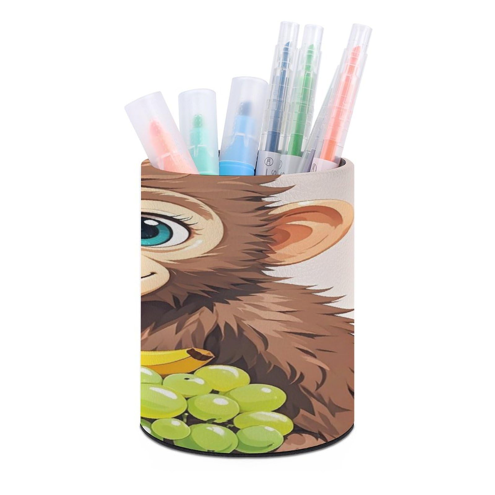 FekiLoot Monkey Holding Fruit Pen Holder Cup Fashion PU Leather Pencil Cup Minimalist Pen Organizer Round Pencil Holder Stand Work Locker Accessories for Decoration Desk Office Home