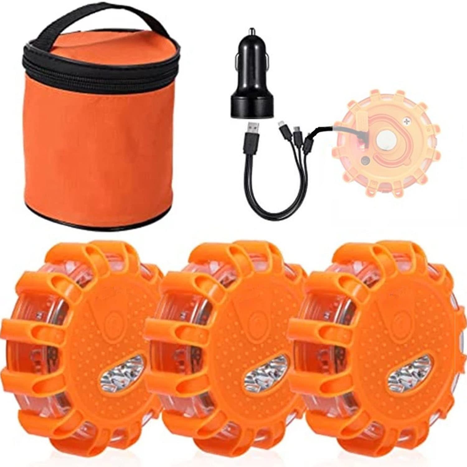 3 Pack USB Rechargeable LED Road Flares Emergency Lights, Roadside Warning Car Safety Beacon Flashing Disc Beacon Flashing Flare Kit, for Traffic accidents, Breakdowns, Road & Water Hazards