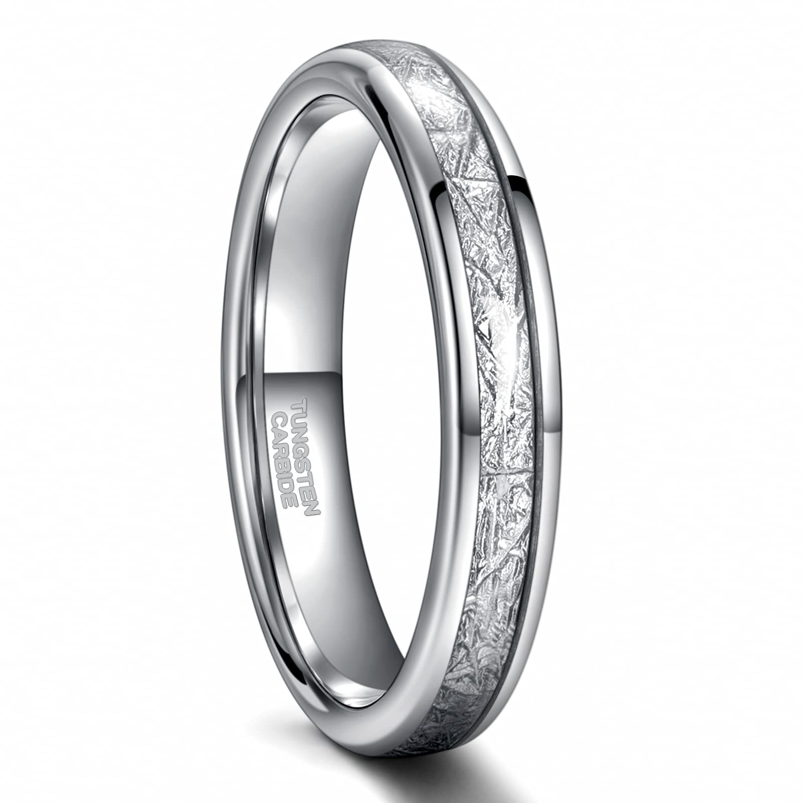 4mm 6mm Tungsten Rings for Men Women Silver Dome Polished Meteorite Inlay Ring Wedding Bands for Him Size 4-13