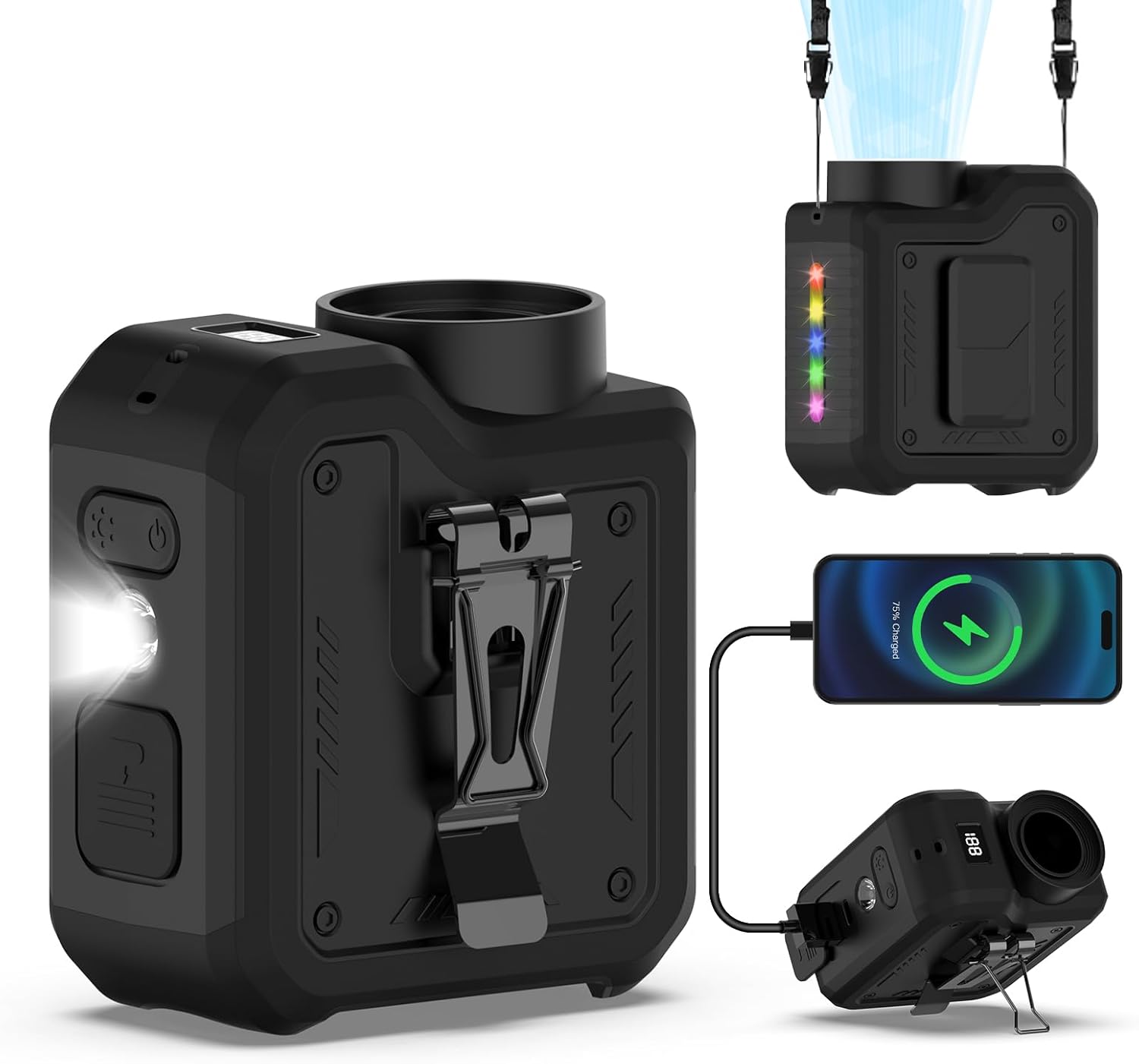 7-in-1 Multi-Use Portable Fan Hands Free Flashlight Etc,Christmas Gifts for Men Women,Turbo Powerful Cooling Personal Fan,10000mAh,24H Lasting,LED Display,Outdoor Travel Camping Fitness Gift (Black)